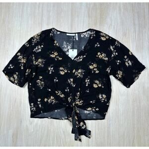 NWT LUQ Black V-Neck Floral Print Pattern Knotted Blouse Tie Front Top Small